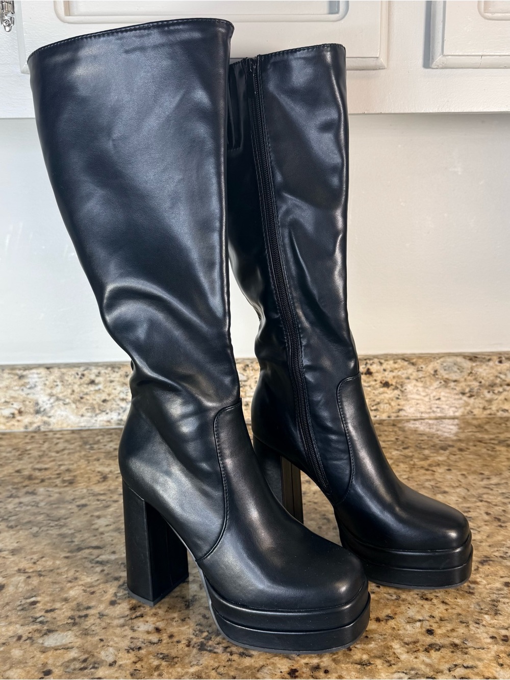 Women's Black Knee High Platform Boots Chunky Block High Heel Side Zip Sz 8 Y2K